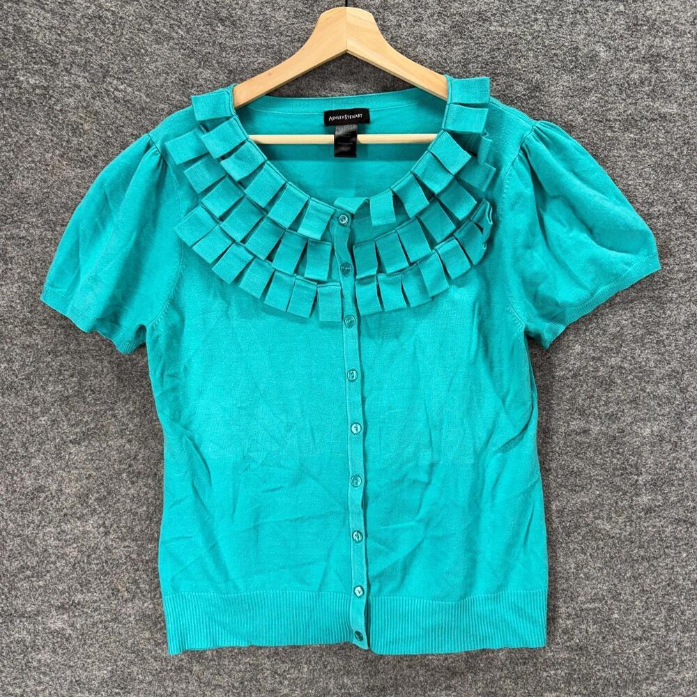 Ashley Stewart Cardigan Women 18/20 Plus Blue Button Up Short Sleeve Casual
